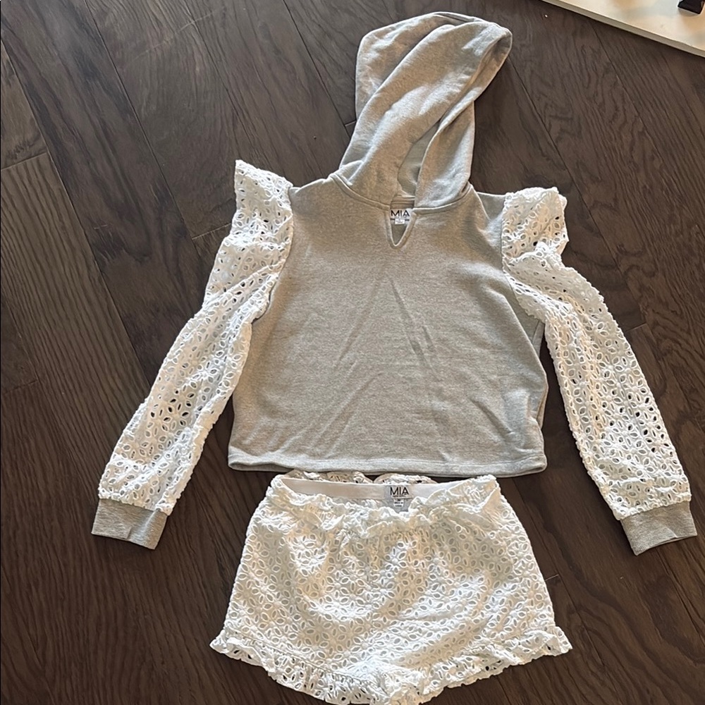 MIA Gray and White Lace Detail Hoodie